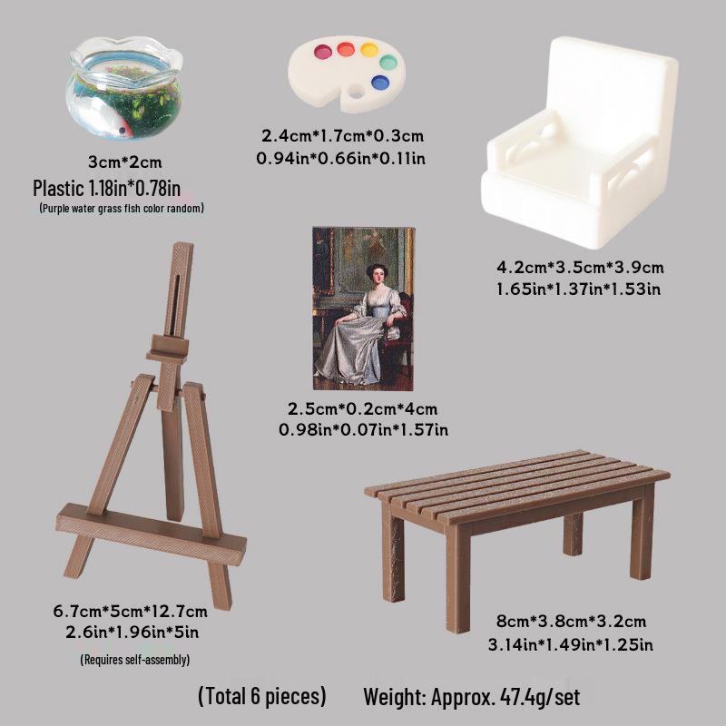 Mini Dollhouse Easel and Table Set - DIY Painting Board and Chair Accessories for Fish Tank or Scene Decor