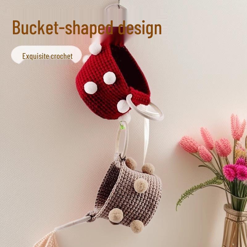 Yarn Knitting Pompom Bucket Handbag - Trendy Crochet Finished Women's Portable Bag