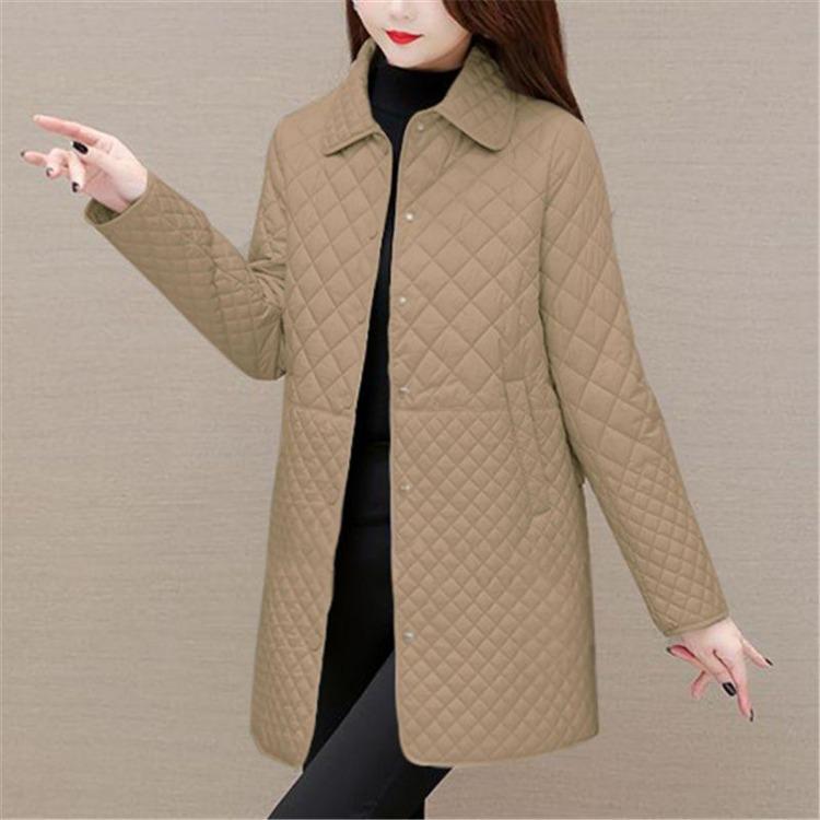 Autumn Winter Women Solid Color Diamond Grid Medium Long Thicken Warm Long Sleeve Cotton Jacket M кофейный