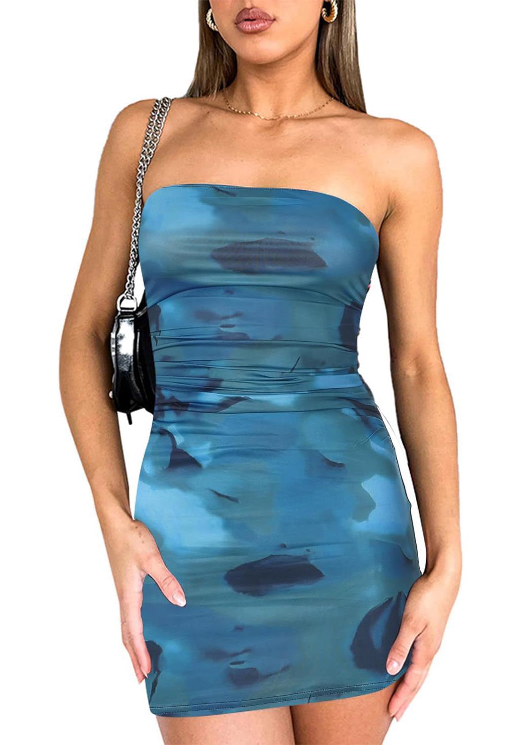 

European & American Style Strapless Printed Bodycon Sexy Short Dress Extra Large озеро синий