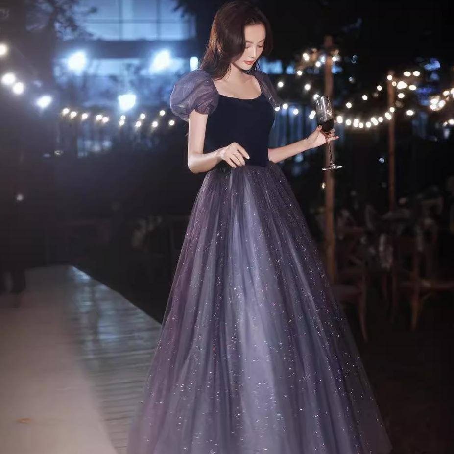 Evening Dress Banquet Bubble Sleeves French Light Luxury Art Test Dress Mesh Yarn Presides Over Evening Dress Long Dress Female Chorus Performance
