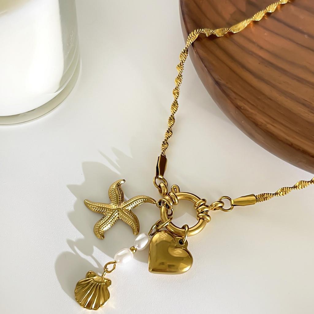 Modische Halskette Edelstahl Herz Seestern Muschel Anhänger Halskette Stilvolle Halskette Geeignet für Modeliebhaber