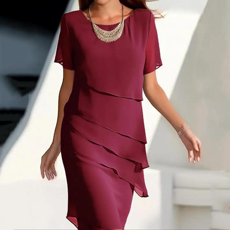 Women's Summer Elegant Chiffon Midi Dress Round Neck Short Sleeve Layered Slim Fit Formal Evening Party Dress
