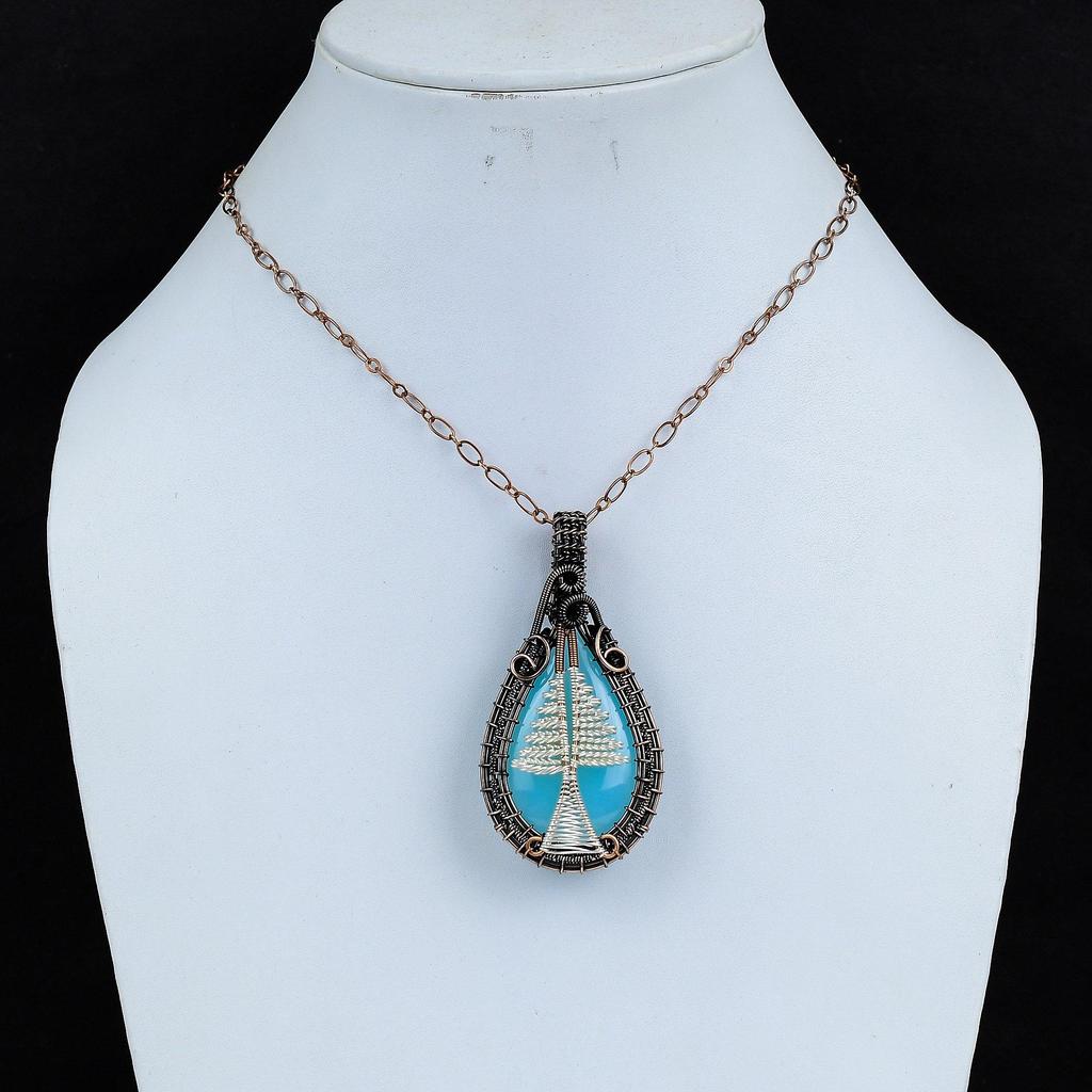 Tree Of Life Blue Chalcedony 999 Copper Wire Wrapped Pendant, Handmade Gemstone Pendant Jewelry, Gifts For Wife Brand New Pendant