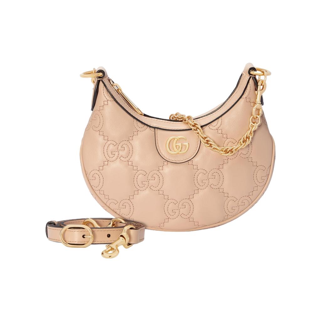 Gucci GG Matelassé Gold Logo Chain Leather Crescent Bag Women Shoulder Bag Beige 739736-UM8IG-9500
