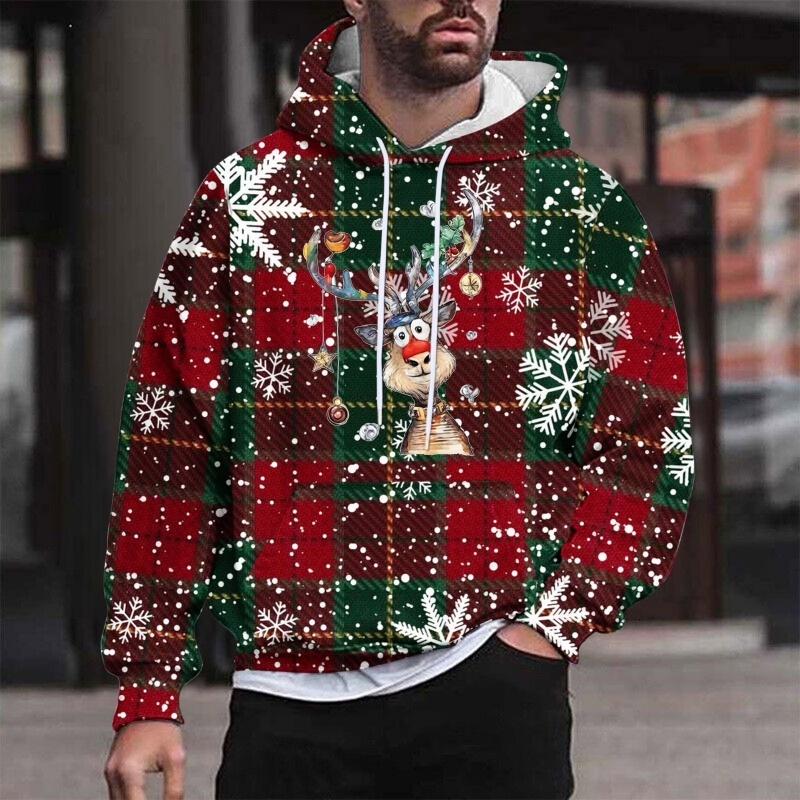 Świąteczna bluza z kapturem z wzorem śniegu i reniferów dla mężczyzn i kobiet, w paski, z nadrukiem 3D, swetry, casualowe bluzy z kapturem, topy, luźna bluza z długim rękawem