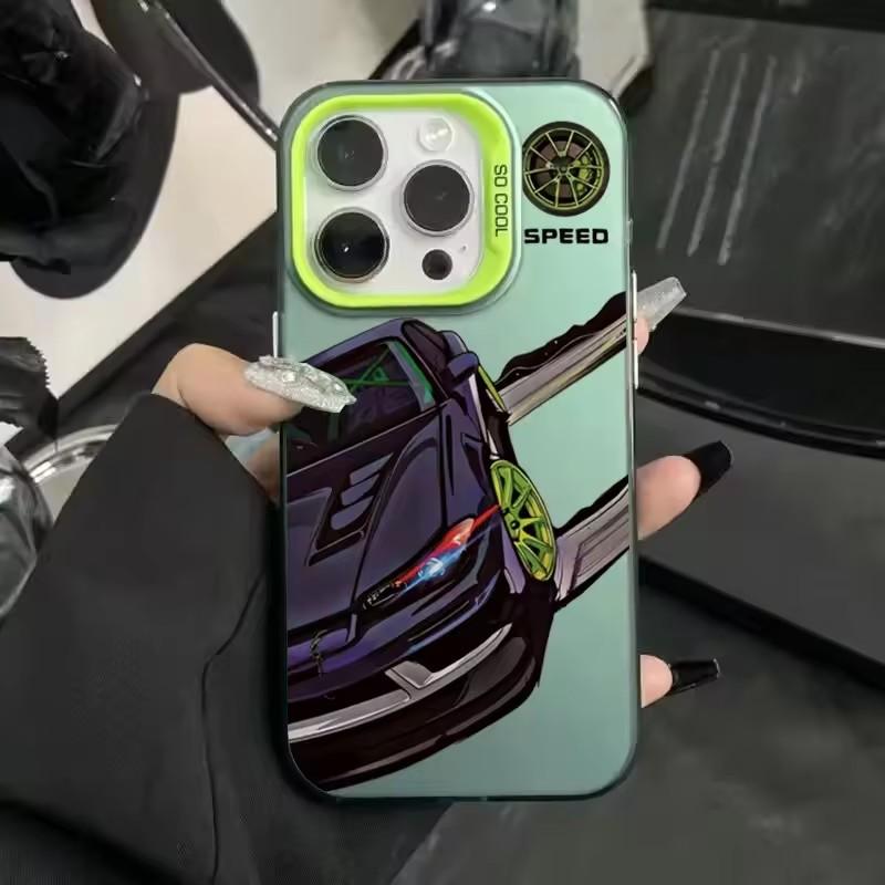 Fashionable car print anti-drop phone case for iPhone 16 13 14 11 12 15 plus 16 Pro Max X XR Xs colored silver IMD hard cover