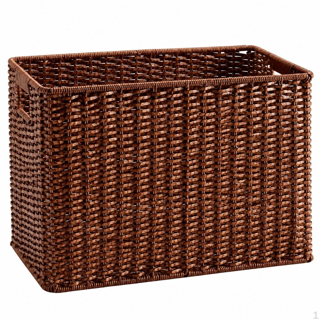 Woven Storage Baskets, Rectangular Wicker Basket with CutOut Handles, Tan Synthetic Rattan for