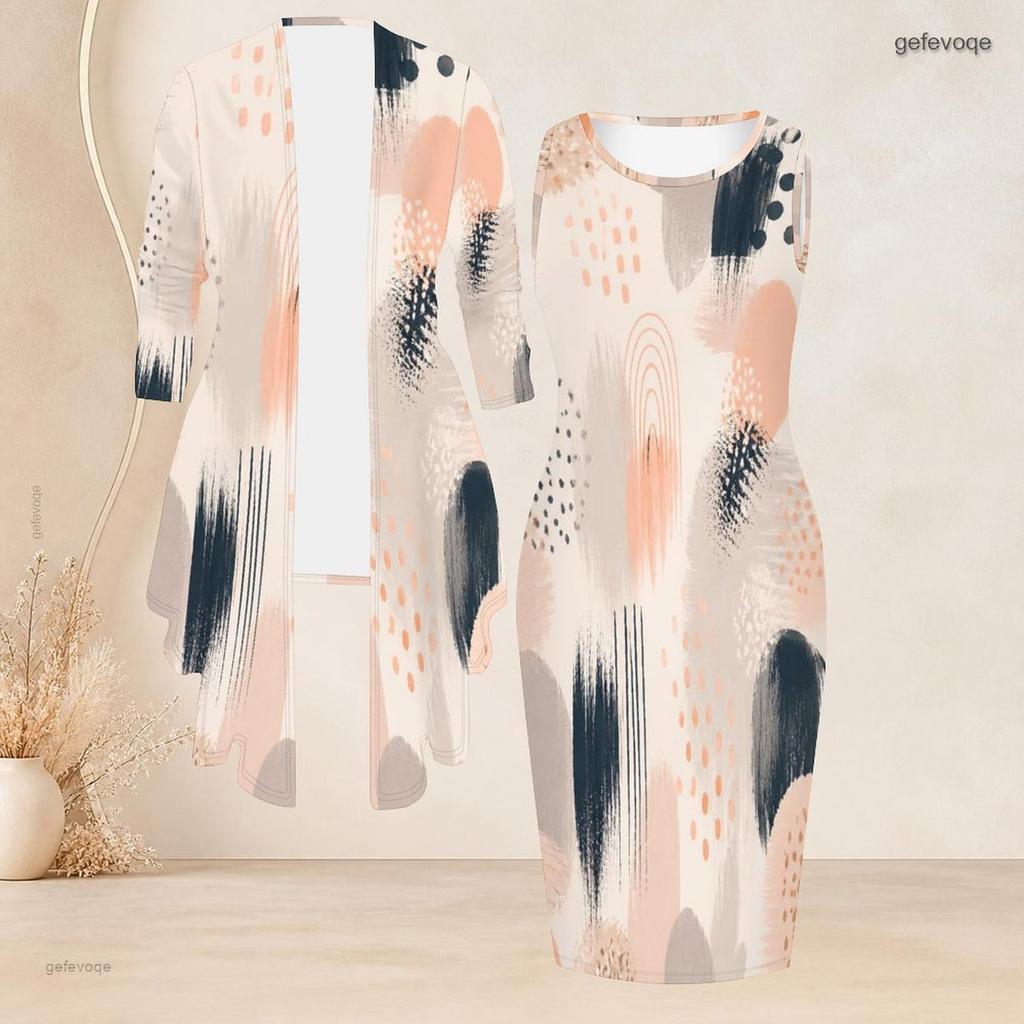 Women Plus Size Two Piece Set Printed Sleeveless Bodycon Dress 3 4 Sleeve Draped Cardigan