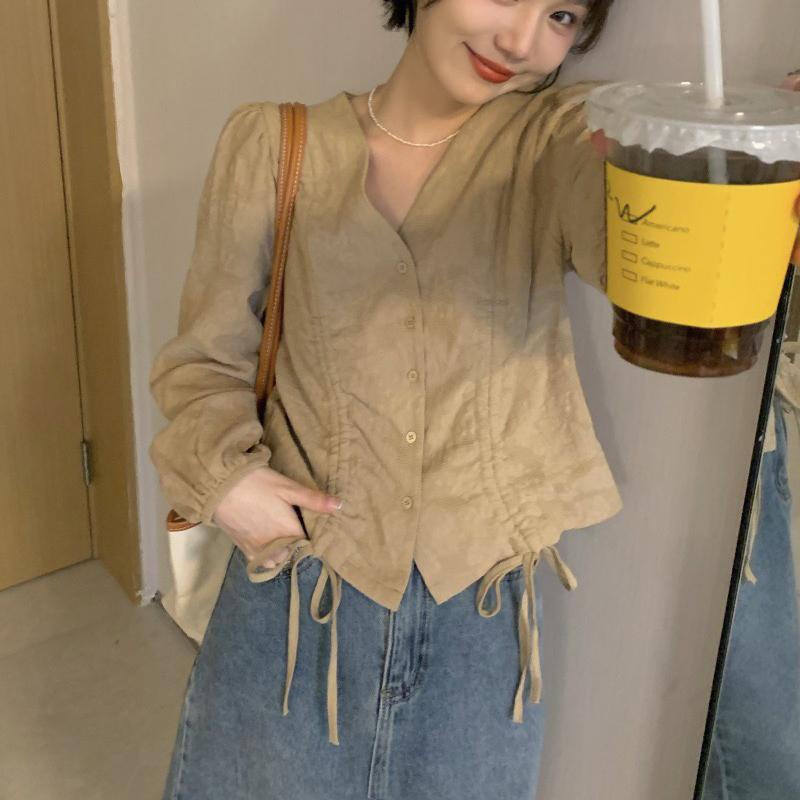 Fashion A-Line Women Blouse V-Neck Drawstring Waist Long Sleeve Shirt Lady Elegant Spring Tops