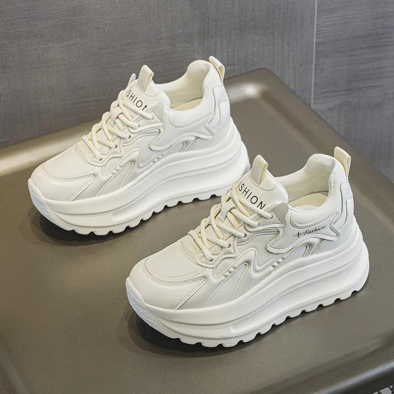New Genuine Leather Shoes Women Chunky Sneakers Flat Platform Height Increasing 7cm Brand Ladies Casual Shoes Black Beige DX587