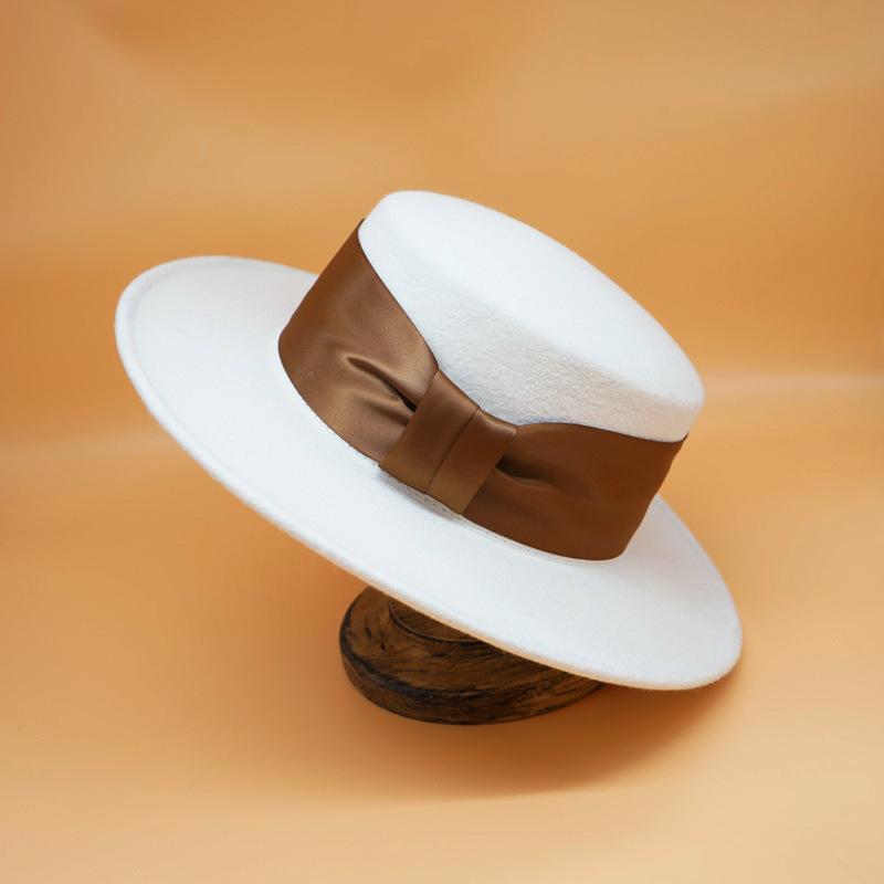 French Celebrity Retro Bow White Wool Woolen Flat Top Top Hat Women'S Autumn And Winter Foreign Trade Wide Brim British Versatile Felt