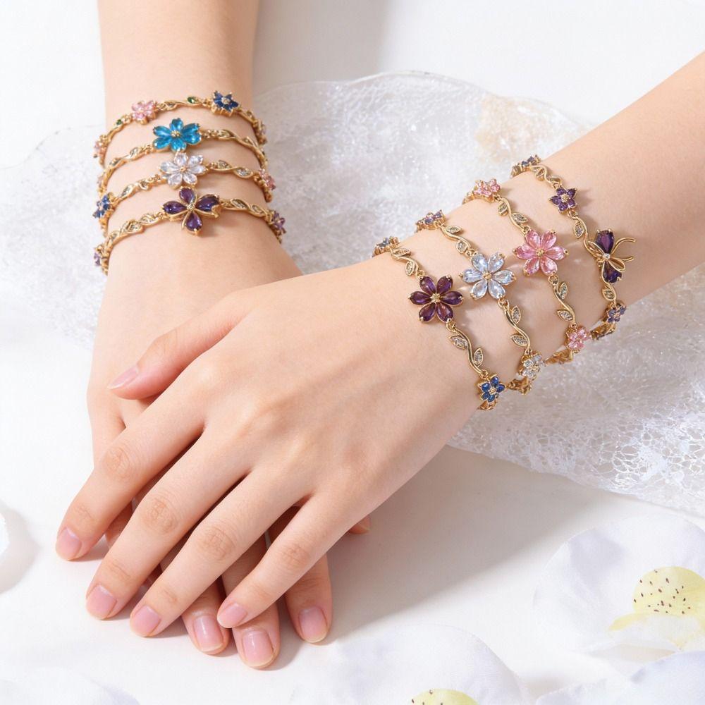 Exquis Bracelet Fleur Feuille Verte Luxe Brillant Strass Bracelet Mariage