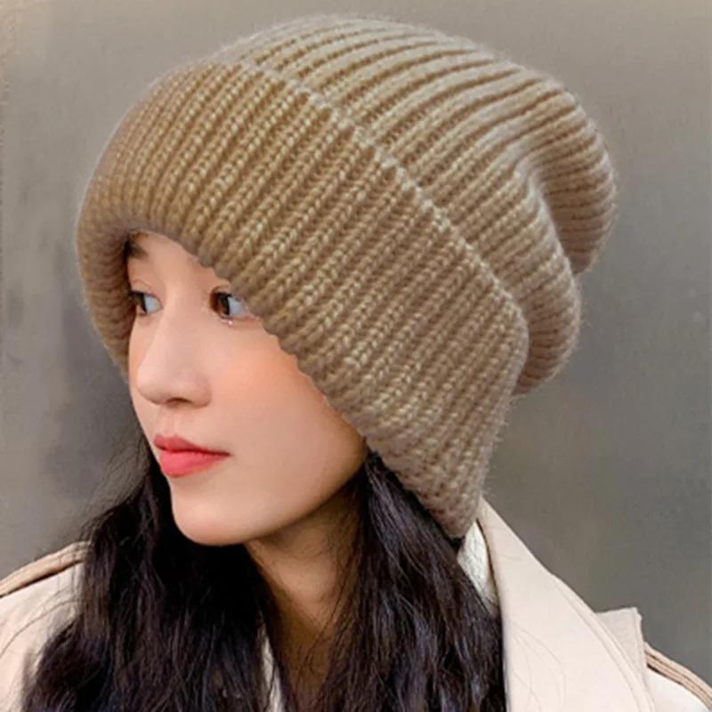 Winter Hat for Women Solid Color Stripe Knit Beanies Loose Elastic Heap Heap Cap Warm Thicken Bonnet Fashion Woolen Pullover Cap Outdoor Knitted Cap