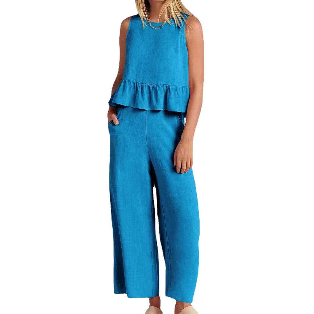 2024 Summer Women's Sleeveless Pleated Vest and Wide-Leg Pants Cotton-Linen Suit