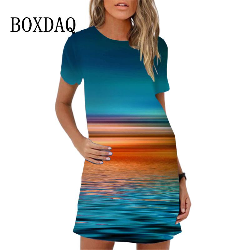 Colorful Feather Pattern Women Dress New Spring Summer Clothing Fashion Elegant Short Sleeve O-Neck Gradient Print Dresses