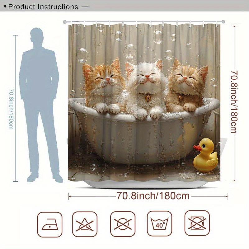 1pc Bathing Kittens Shower Curtain - 3 Fluffy Kittens In Bathtub, Bubbles & Yellow Duck, Beige Tile Background, 70.8x70.8