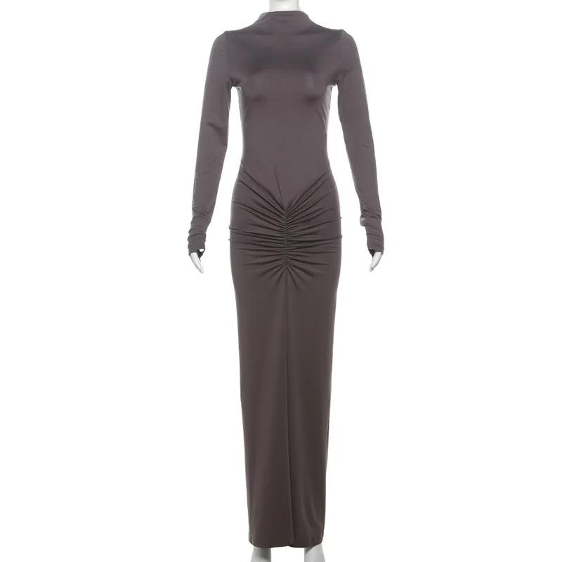 

Shirring Women Classic Long Dress Autumn New Solid Long Sleeve High Collar Body-Shaping Vestidos Mujer Concise Trend Robe S