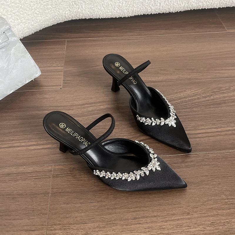 Sheepskin style, thin heel pointed cold slippers French word with thin high-end feeling full diamond banquet high heels women's summer