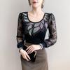 Spring Autumn Women's Hotfix Rhinestone Flower Lace Sleeve Patchwork T-Shirt Elegant Full Sleeve Tees Slim Ladies Tops