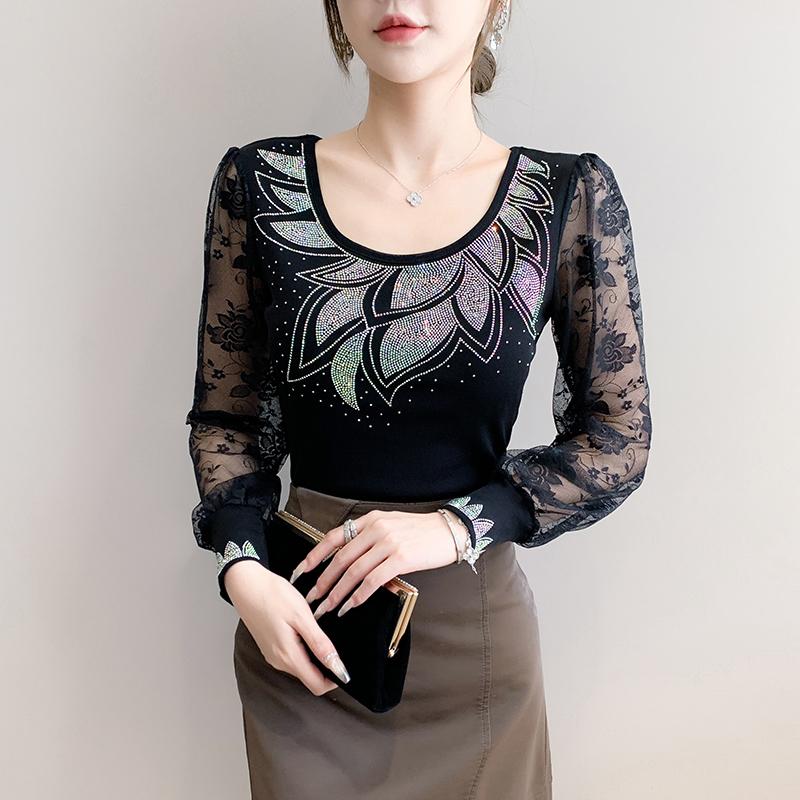Spring Autumn Women's Hotfix Rhinestone Flower Lace Sleeve Patchwork T-Shirt Elegant Full Sleeve Tees Slim Ladies Tops