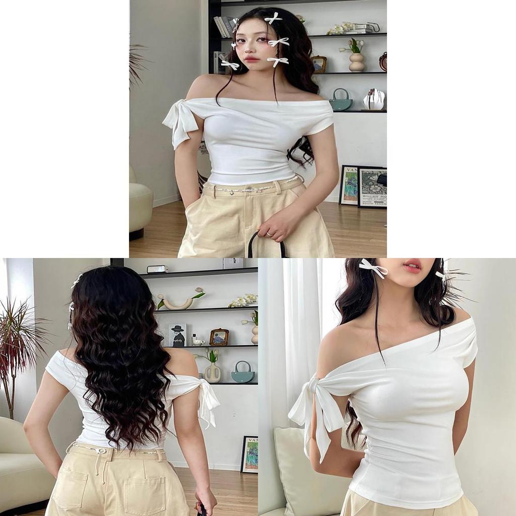 Minimalist Off Shoulder T Shirt For Women With Asymmetric Design And Polyester Fabric