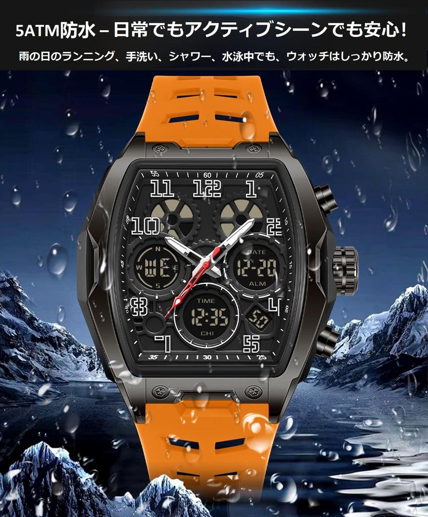 findtime Men's DigitalAnalog Watch with 3 Time Zones, Multi-Function Countdown, Stopwatch, Alarm Clock, Hourly Time Signal, Waterproof, Pilot Style,