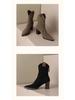 Women's Black Suede Pointed Toe Chunky Heel Ankle Boots with Back Zipper - Versatile Autumn/Winter Western Style.