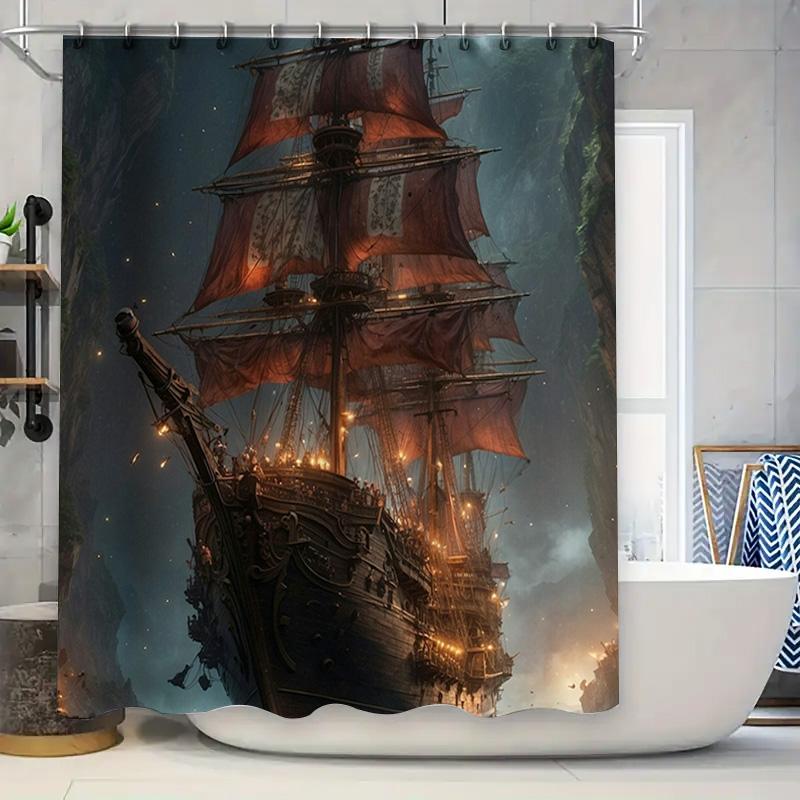 

Decorative Shower Curtain With Antique Ship Design Waterproof Fabric For Bathroom Decorations 180Cm X 180Cm Customizable Size Av W60H190(CM)-1 Pcs