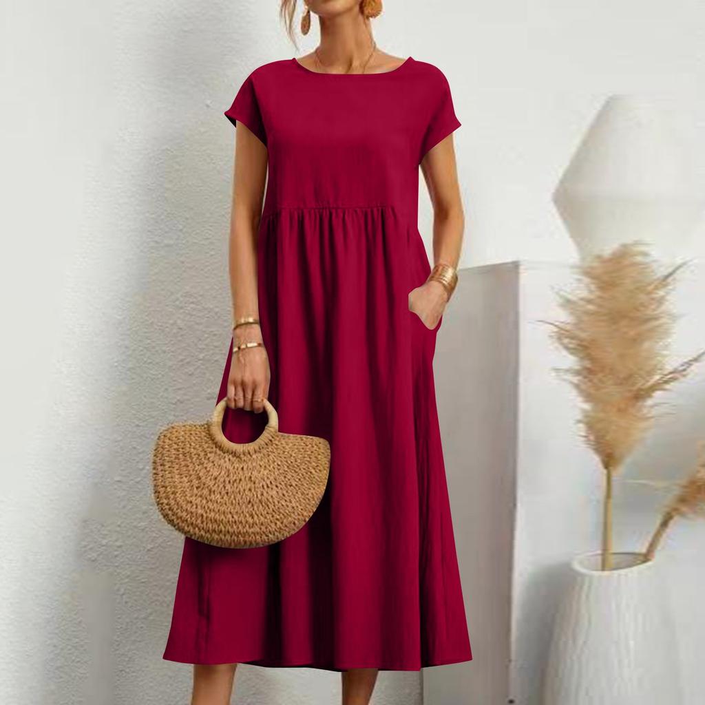Abito da donna colorato a maniche corte, ampio, in cotone e lino, con tasche