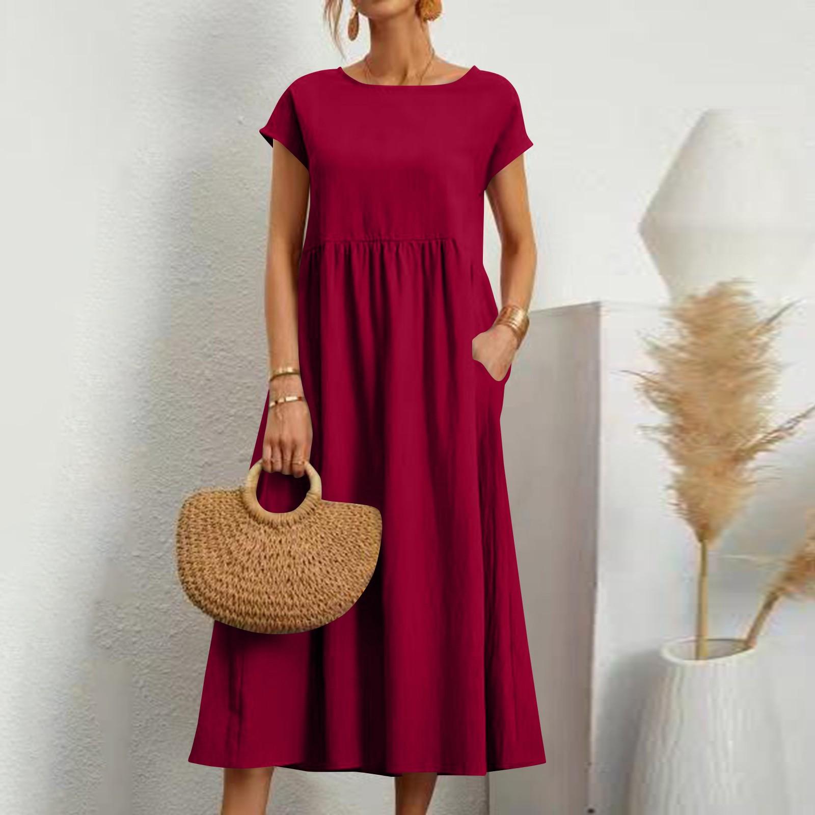 

Women s Color Short-sleeved Loose Cotton And Linen Dress With Pockets M червоний