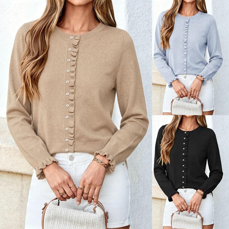 Women Solid Color Ruffle Sleeve Crew Neck Long Sleeve Knit Cardigan Sweater Outerwear