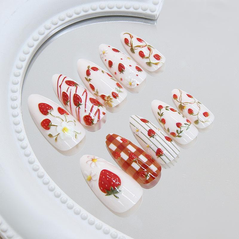W2217 3D Girlish Sweet Strawberry Garden Stylish European American Removable Press On Nails 24Pcs