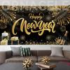 Happy New Year Backdrop Banner, Large Size 78 x 43 Inch Banner Black Gold Background Banners for New Year Party Decorations Celebration