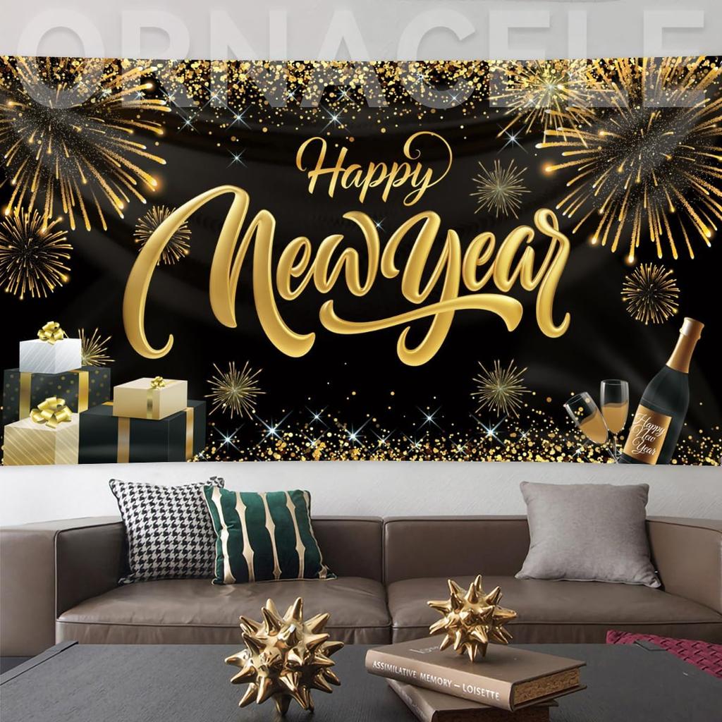 Happy New Year Backdrop Banner, Large Size 78 x 43 Inch Banner Black Gold Background Banners for New Year Party Decorations Celebration