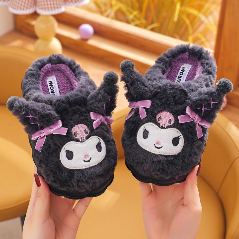 Sanrio Kuromi Plush Slippers for Girls: Cute, Cozy Cotton for Autumn/Winter, Indoor Parent-Child Matching