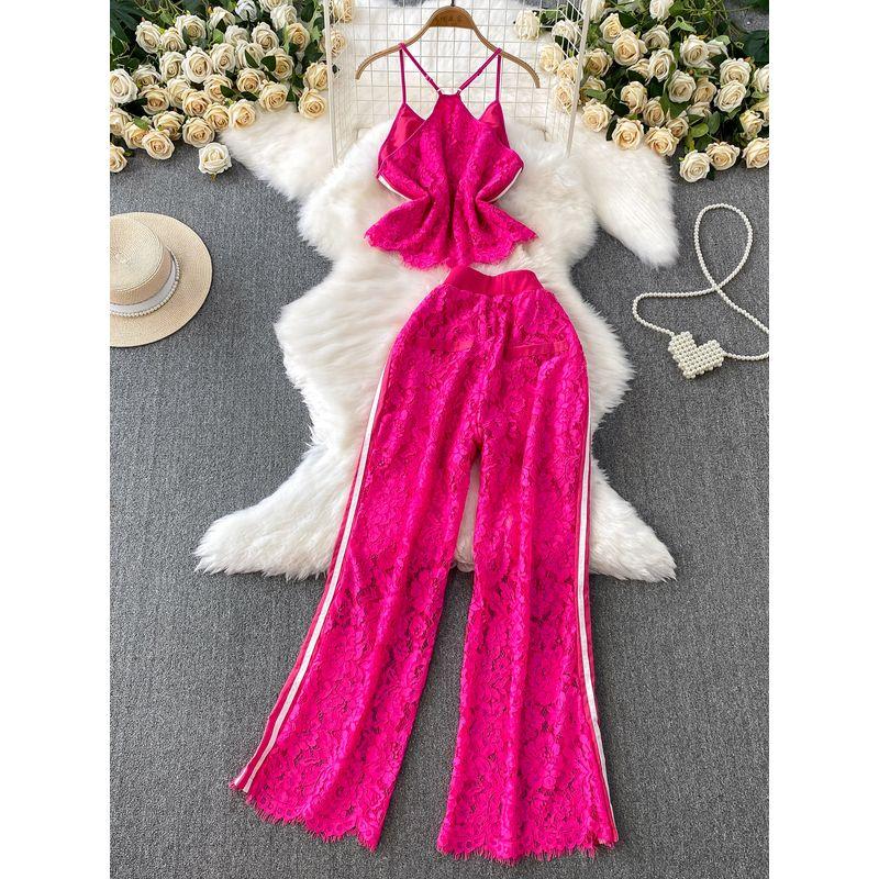 Pure Desire Style Sexy Lace Short Hanging Neck Sling + Contrast Color Stripe Gyaru High Waist Slimming Wide Leg Pants Two-piece Set