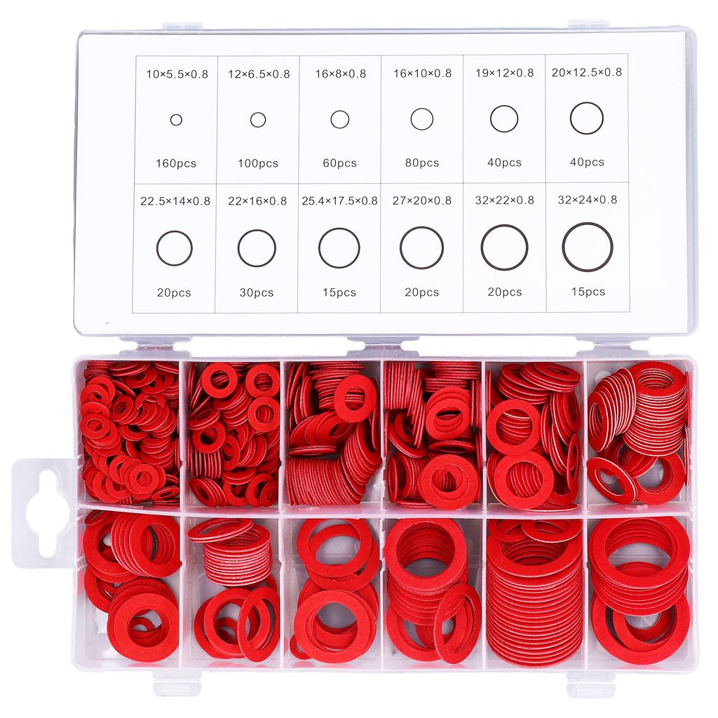 600 ks plochých podložek, sortiment izolačních, legovaných ocelových, papírových, vláknitých, těsnicích těsnění, různých velikostí