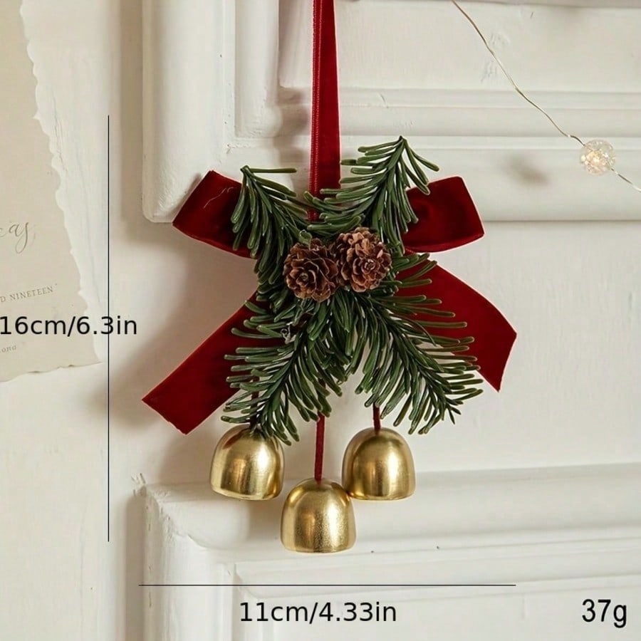 Christmas Bell Hanging Ornament Velvet Red Bow Pine Cone Pine Branch Pendant for Xmas Tree Window Door Holiday Party Decoration