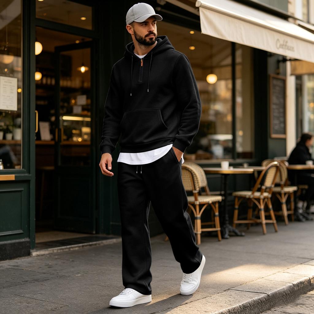 Men's Warm Lined Hoodie and Wide Leg Cargo Pants Set, Casual Relaxed Fit for Outdoor Sports