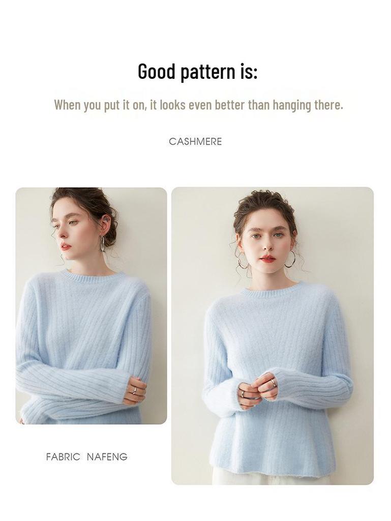 Women's Ribbed Cashmere Crew Neck Pullover Sweater with Long Sleeves
