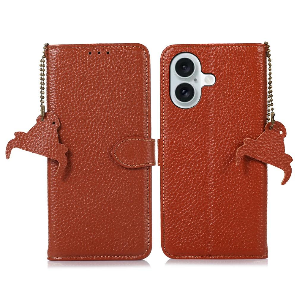 

For iPhone 17 Case RFID Blocking Genuine Cow Leather Phone Cover Litchi Texture Brown