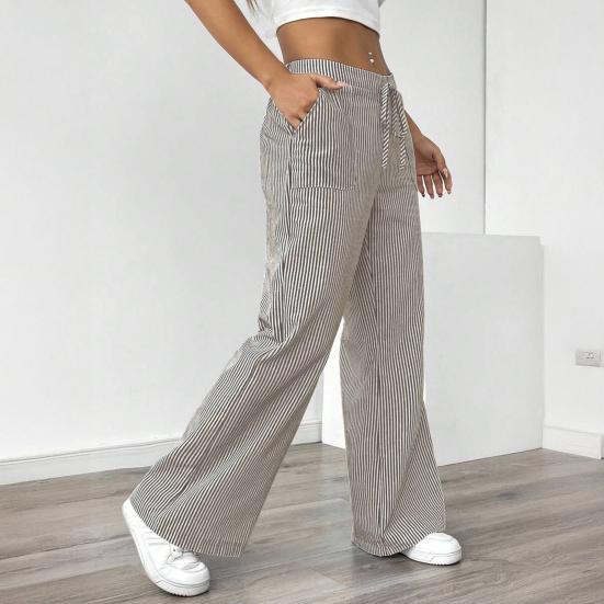 Yousheng Women Long Pants Elastic Waist Striped Design Straight Wide Leg Trousers with Pockets Relaxed Fit Leisure Pants