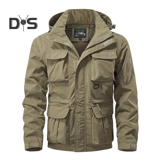 

Мужская куртка с отворотом, капюшоном, длинным рукавом, пальто с несколькими карманами, однотонная куртка с застежкой-молнией и карманом для отдыха на открытом воздухе M хаки