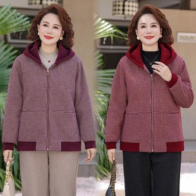 Temperament Mom Autumn Jacket Noble Plaid Top Aged Elderly Women's Autumn and Winter Hooded