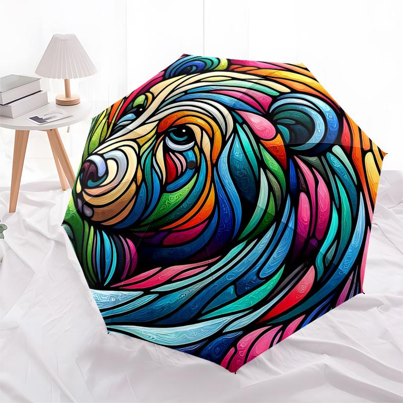 1pc Colorful Bear Head Stained Glass Auto Open Close Umbrella, Portable Tri-Fold Design with 8-Rib Iron Frame, Outdoor for Fans, Travelers, Daily Use,