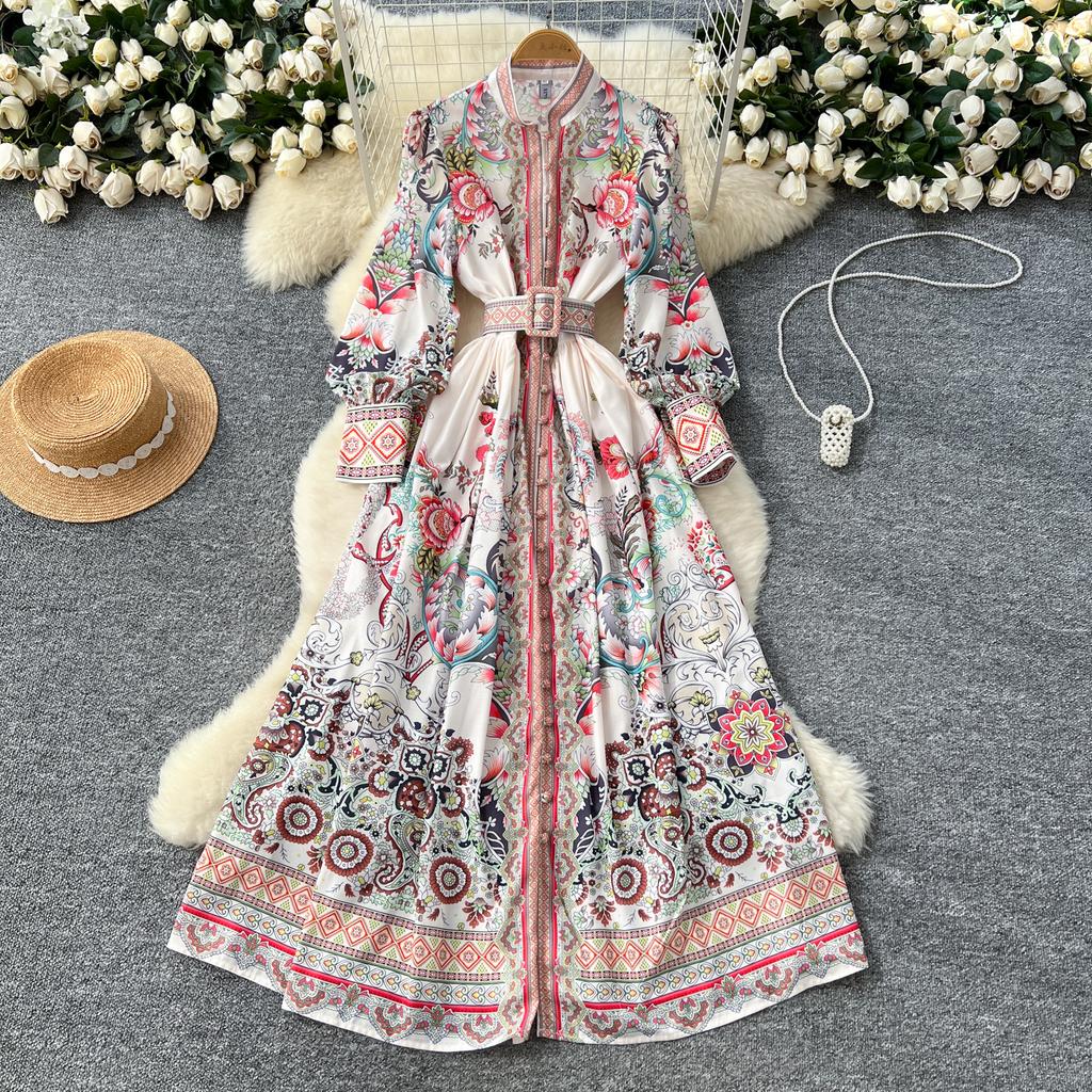Frühling Herbst Damen Designer Runway Kleid Stehkragen Vintage Print Einreiher Urlaub Party Kleider mit Gürtel