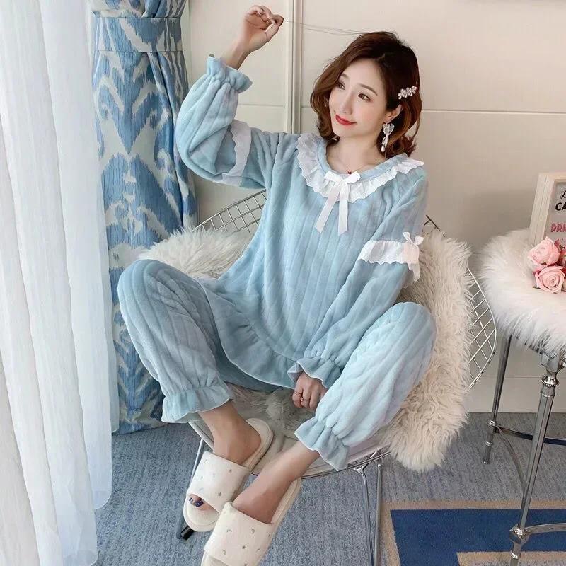 Square Collar Women Pajamas Set Winter Warm Sleepwear Fleece Velvet 2 Piece Pants Home Wear Suit Fluffy Korean Solid Night Wear