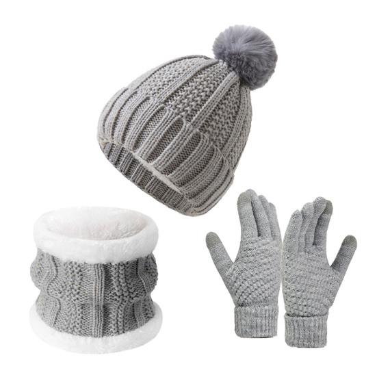 3Pcs/Set Winter Knitted Scarf Gloves Set Pom Pom Ball Fleece Lining Brimless Hat Touchscreen Gloves Neck Warmer Set