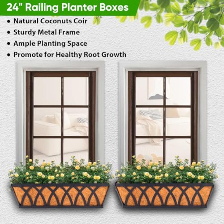 Deck Balcony Railing Planter Window Boxes - 3 Pack 24 Inch Planters for Outdoor Fence Railing Hanging Brown Rust-Resistant Meta
